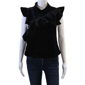 McGuire Women Black Mock Neck Button-Up Blouse Short Sleeve Size XS